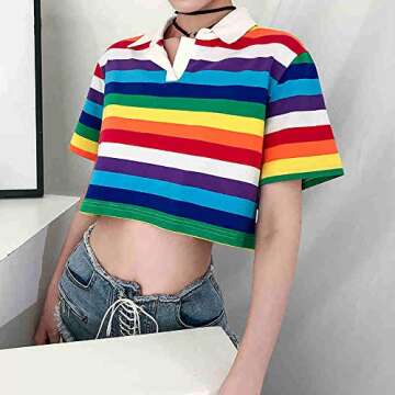 Women's Rainbow Printed Polo T-Shirt Short Sleeve Skinny Y2K Streetwear Crop Top