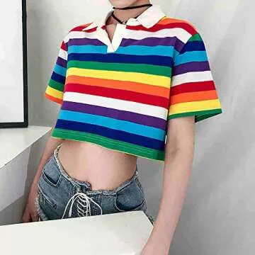 Women's Rainbow Printed Polo T-Shirt Short Sleeve Skinny Y2K Streetwear Crop Top
