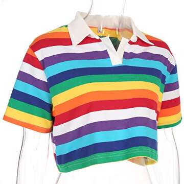 Women's Rainbow Printed Polo T-Shirt Short Sleeve Skinny Y2K Streetwear Crop Top