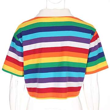 Women's Rainbow Printed Polo T-Shirt Short Sleeve Skinny Y2K Streetwear Crop Top