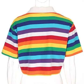 Women's Rainbow Printed Polo T-Shirt Short Sleeve Skinny Y2K Streetwear Crop Top