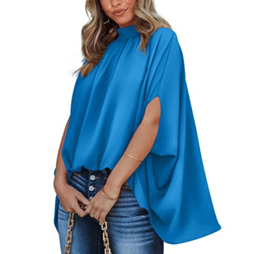 BTFBM Women Mock Neck Summer Tops 2025 Spring Batwing Short Sleeve Loose High Low Hem Casual Oversiz...
