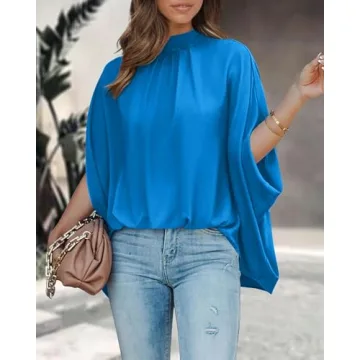 BTFBM Women Mock Neck Summer Tops 2025 Spring Batwing Short Sleeve Loose High Low Hem Casual Oversized Blouses Shirts(Solid Blue, Small)