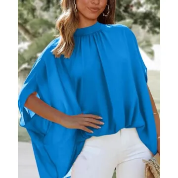 BTFBM Women Mock Neck Summer Tops 2025 Spring Batwing Short Sleeve Loose High Low Hem Casual Oversized Blouses Shirts(Solid Blue, Small)