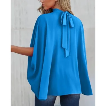BTFBM Women Mock Neck Summer Tops 2025 Spring Batwing Short Sleeve Loose High Low Hem Casual Oversized Blouses Shirts(Solid Blue, Small)