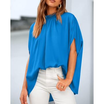 BTFBM Women Mock Neck Summer Tops 2025 Spring Batwing Short Sleeve Loose High Low Hem Casual Oversized Blouses Shirts(Solid Blue, Small)