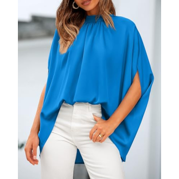 BTFBM Women Mock Neck Summer Tops 2025 Spring Batwing Short Sleeve Loose High Low Hem Casual Oversized Blouses Shirts(Solid Blue, Small)