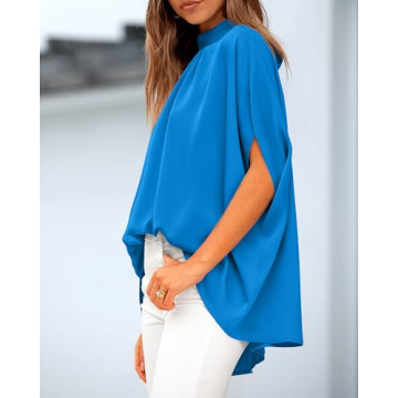 BTFBM Women Mock Neck Summer Tops 2025 Spring Batwing Short Sleeve Loose High Low Hem Casual Oversized Blouses Shirts(Solid Blue, Small)