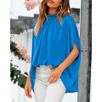 BTFBM Women Mock Neck Summer Tops 2025 Spring Batwing Short Sleeve Loose High Low Hem Casual Oversized Blouses Shirts(Solid Blue, Small)