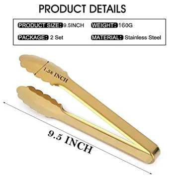 IAXSEE 2 Pack 9 Inch Gold Serving Tongs Gold Serving Utensils Salad Tongs Buffet Tongs Non-slip & Easy Grip Stainless Steel Gold Plated Buffet Serving Tongs, Salad, Ice, Oven