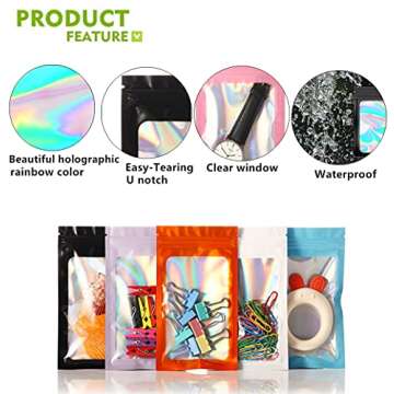 Xinhongo 100 Pack Resealable Mylar Bags Smell Proof Bags Packaging Plastic Ziplock Bag with Clear Holographic Rainbow Window Mylar Storage Bags For Candy,Jewelry,Screw (Purple, 3.93 x 7.08 inch)