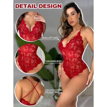Buitifo Women Lace Bodysuit One Piece Babydoll Backless Mini Teddy V Neck Lingerie（red 1,S