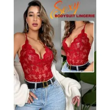 Buitifo Women Lace Bodysuit One Piece Babydoll Backless Mini Teddy V Neck Lingerie（red 1,S