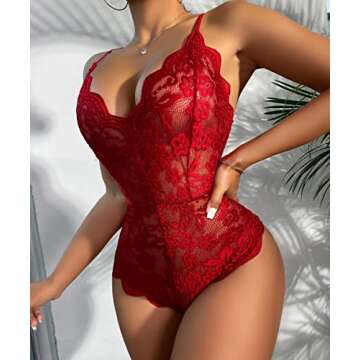 Buitifo Women Lace Bodysuit One Piece Babydoll Backless Mini Teddy V Neck Lingerie（red 1,S
