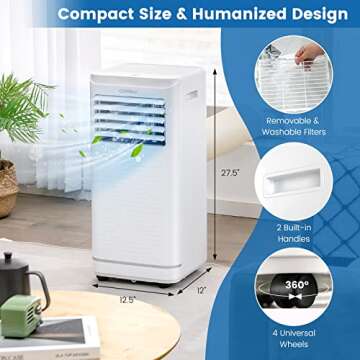 COSTWAY 10000 BTU Portable Air Conditioner, Personal AC Unit with Dehumidifier & Fan Mode, Sleep Mode, 24H Timer, LED Display, Child Lock, Remote Control, Cool Rooms up to 350 Sq.Ft (10000BTU)