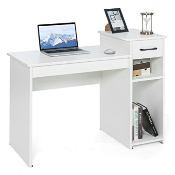 Tangkula White Desk with Storage Drawer & Shelves - Compact and Modern Study Desk