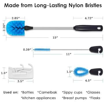 MOSOLAN 3-in-1 Stainless Steel Water Bottle Brush Set, Long Handle Water Bottle Scrubbing Brush, Built for Cleaning Narrow Neck Bottles, Sport Bottles, Baby Bottles, Coffee Mugs, Flask, Round Head