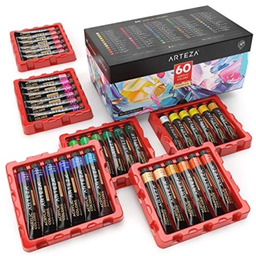 ARTEZA Acrylic Paint Set of 60 Colors, 0.74 ounces Tubes, 5 Metallic Colors Acrylic Paints, Non-Toxi...