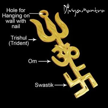 Divya Mantra Trishakti Yantra Trishul Om Swastika Decorative Spiritual Vastu Items Brass Indian Hindu Religious Wall Home Decor Kitchen Pooja Mandir Temple Hanging Good Luck Showpiece Set of 2 - Gold