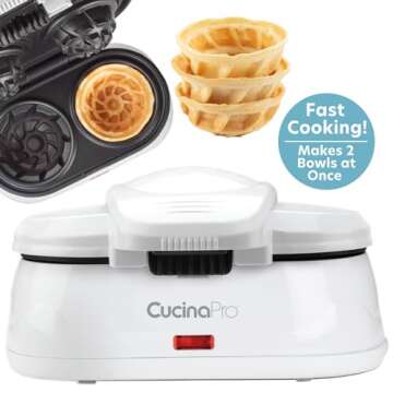 Double Waffle Bowl Maker- Make two 4" Ice Cream Cone Bowls at Once, NonStick Electric Baker for Homemade Icecream Treats, Easy to Use Iron, Add Favorite Fillings, Toppings, Fun Gift, Party Dessert