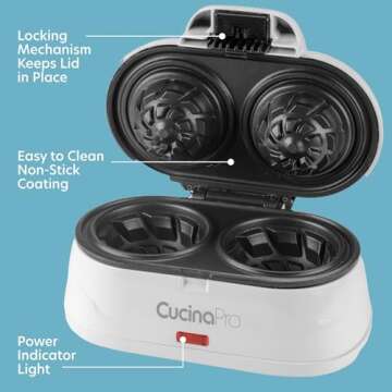 Double Waffle Bowl Maker- Make two 4" Ice Cream Cone Bowls at Once, NonStick Electric Baker for Homemade Icecream Treats, Easy to Use Iron, Add Favorite Fillings, Toppings, Fun Gift, Party Dessert