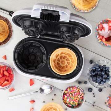 Double Waffle Bowl Maker- Make two 4" Ice Cream Cone Bowls at Once, NonStick Electric Baker for Homemade Icecream Treats, Easy to Use Iron, Add Favorite Fillings, Toppings, Fun Gift, Party Dessert