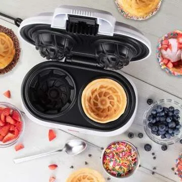 Double Waffle Bowl Maker- Make two 4" Ice Cream Cone Bowls at Once, NonStick Electric Baker for Homemade Icecream Treats, Easy to Use Iron, Add Favorite Fillings, Toppings, Fun Gift, Party Dessert