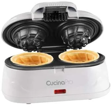 Double Waffle Bowl Maker- Make two 4" Ice Cream Cone Bowls at Once, NonStick Electric Baker for Homemade Icecream Treats, Easy to Use Iron, Add Favorite Fillings, Toppings, Fun Gift, Party Dessert