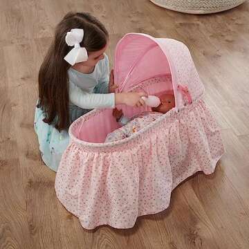 Badger Basket Folding Doll Cradle with Hood fits Dolls 18 to 22-Inches - Pink/Rosebud Design with Be...
