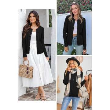 Arach&Cloz Womens 2024 Lightweight Button Down Long Sleeve Business Casual Clothes Crew Neck Soft Knit Fall Black Cardigan Summer Fashion Outfits Trendy Ribbed Sweater Tops