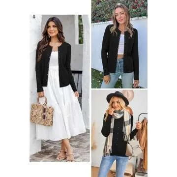 Arach&Cloz Womens 2024 Lightweight Button Down Long Sleeve Business Casual Clothes Crew Neck Soft Knit Fall Black Cardigan Summer Fashion Outfits Trendy Ribbed Sweater Tops