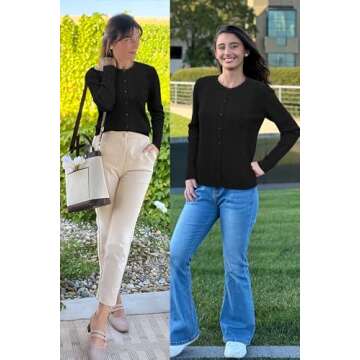 Arach&Cloz Womens 2024 Lightweight Button Down Long Sleeve Business Casual Clothes Crew Neck Soft Knit Fall Black Cardigan Summer Fashion Outfits Trendy Ribbed Sweater Tops