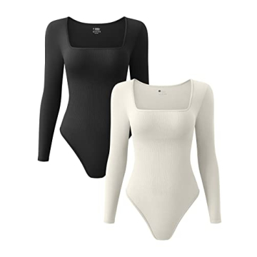 OQQ Women's Sexy Ribbed Square Neck Long Sleeve Bodysuit - Stylish & Comfortable