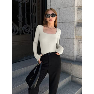 OQQ Women's Sexy Ribbed Bodysuit Square Neck Long Sleeve