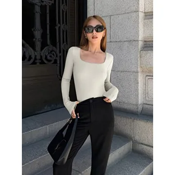 OQQ Women's Sexy Ribbed Bodysuit Square Neck Long Sleeve
