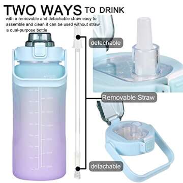 RYI Large Half Gallon 64 OZ Motivational Water Bottle with Straw Time Marker BPA Free for Sport and Fitness Blue Purple