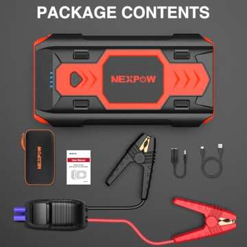 NEXPOW Battery Jump Starter 2500A Car Jump Starter (up to 8.0L Gas/8L Diesel Engines) 12V Car Battery Booster Pack with USB Quick Charge 3.0 and 4 LED Modes Red Blue Warning
