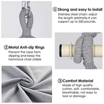 Y- STOP Hammock Chair Hanging Rope Swing, Max 500 Lbs, 2 Cushions Included, Large Macrame Hanging Chair with Pocket for Superior Comfort, with Hardware Kit (Light Grey)