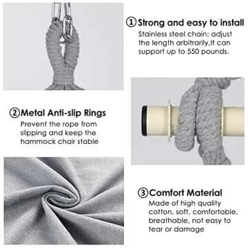 Y- STOP Hammock Chair Hanging Rope Swing, Max 500 Lbs, 2 Cushions Included, Large Macrame Hanging Chair with Pocket for Superior Comfort, with Hardware Kit (Light Grey)