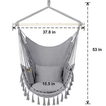 Y- STOP Hammock Chair Hanging Rope Swing, Max 500 Lbs, 2 Cushions Included, Large Macrame Hanging Chair with Pocket for Superior Comfort, with Hardware Kit (Light Grey)
