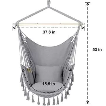 Y- STOP Hammock Chair Hanging Rope Swing, Max 500 Lbs, 2 Cushions Included, Large Macrame Hanging Chair with Pocket for Superior Comfort, with Hardware Kit (Light Grey)