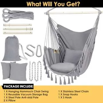 Y- STOP Hammock Chair Hanging Rope Swing, Max 500 Lbs, 2 Cushions Included, Large Macrame Hanging Chair with Pocket for Superior Comfort, with Hardware Kit (Light Grey)