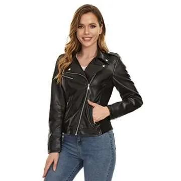 Fahsyee Women's Faux Leather Jackets, Zip Up Motorcycle Elastic Sleeve Short PU Moto Biker Outwear Fitted Coat Black L