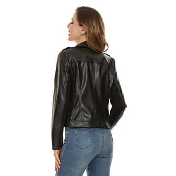 Fahsyee Women's Faux Leather Jackets, Zip Up Motorcycle Elastic Sleeve Short PU Moto Biker Outwear Fitted Coat Black L