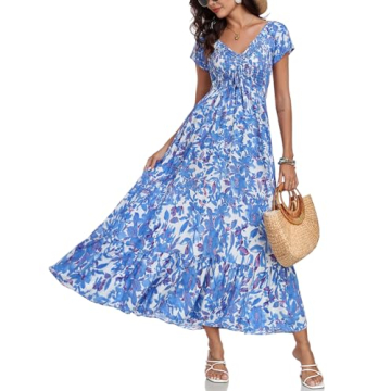 Summer Floral Smocked Boho Dress with Short Sleeve 2024 Off The Shoulder Ruffle Tiered Swing A-Line ...