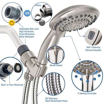 High Pressure 5 Spray Settings Giant 5" Brushed Nickel Shower Head Handheld, Anti-Clog Hand Held Showerhead for the Ultimate Shower Experience,with Extra Long 5 Foot Stainless Steel Hose