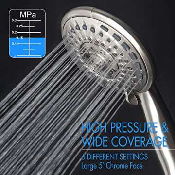 High Pressure 5 Spray Settings Giant 5" Brushed Nickel Shower Head Handheld, Anti-Clog Hand Held Showerhead for the Ultimate Shower Experience,with Extra Long 5 Foot Stainless Steel Hose