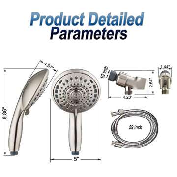 High Pressure 5 Spray Settings Giant 5" Brushed Nickel Shower Head Handheld, Anti-Clog Hand Held Showerhead for the Ultimate Shower Experience,with Extra Long 5 Foot Stainless Steel Hose
