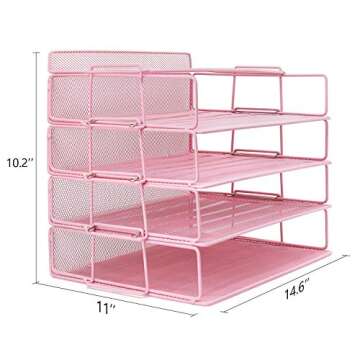 LUCYCAZ Desk Organizer - Stackable Paper Tray, 4 Tier Pink Desk Organizer, 5 Trays Metal Paper Organ...