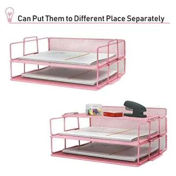 LUCYCAZ Desk Organizer - Stackable Paper Tray, 4 Tier Pink Desk Organizer, 5 Trays Metal Paper Organizer for Desk, File Organizer for School Home and Office